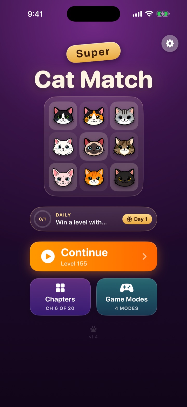 The Super Cat Match home screen, showing a grid of nine hand-drawn cat breeds and a Continue button on level 155.