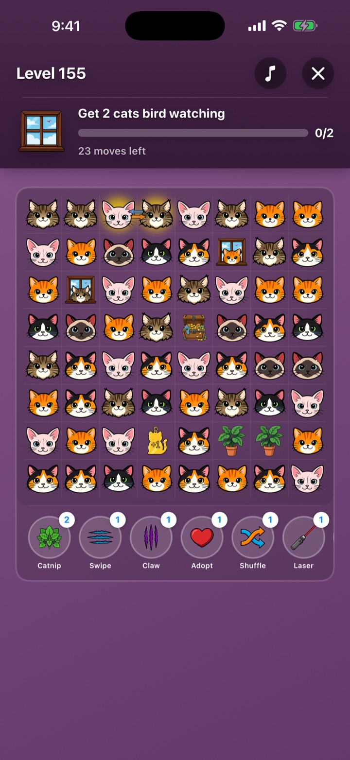A level in progress: an eight-by-eight board of cat tiles with an objective to get two cats bird watching and six power-ups along the bottom.