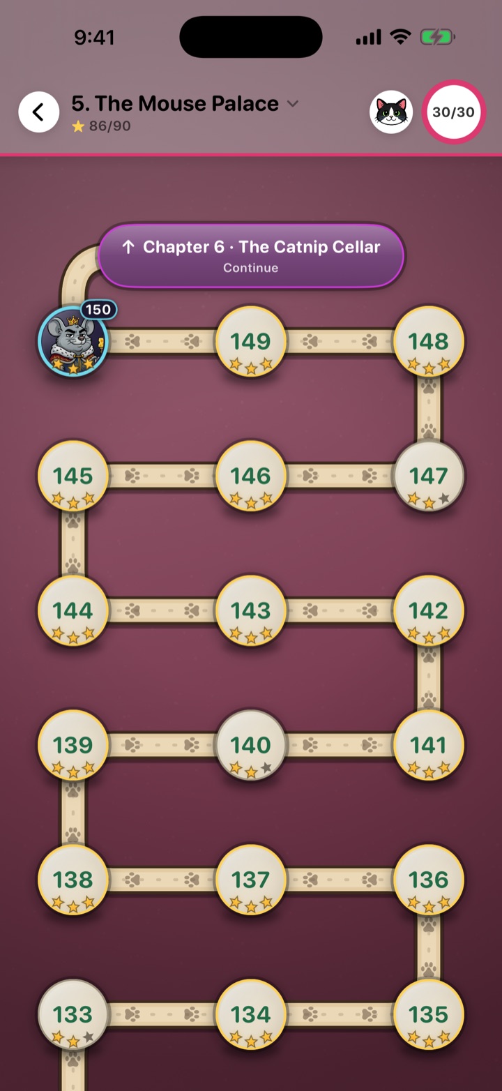 The level path winding through The Mouse Palace, with star ratings on each completed level and a crowned mouse boss waiting at level 150.