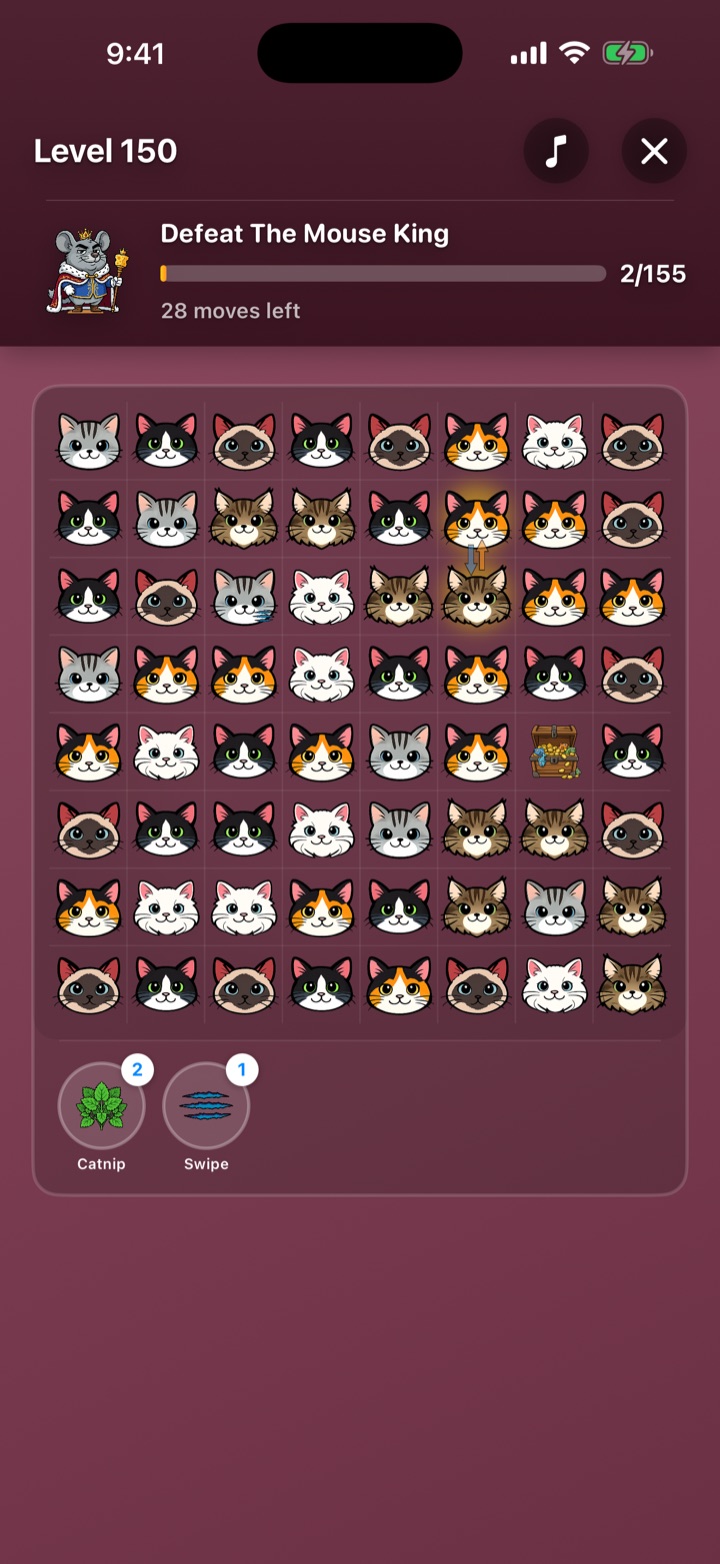 A boss fight against The Mouse King, showing a health bar at two of one hundred and fifty-five and twenty-eight moves left.